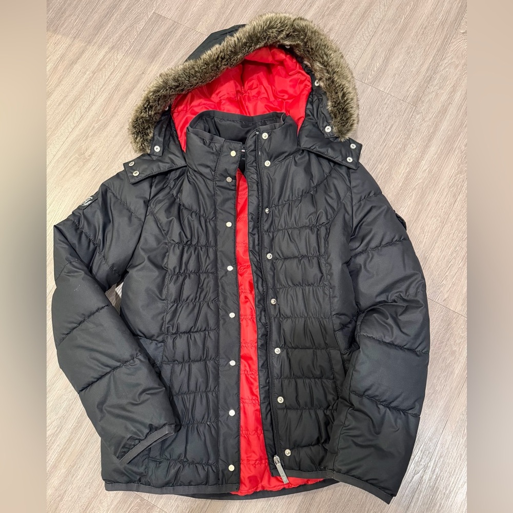 Women's Black and Red Puffer Jacket